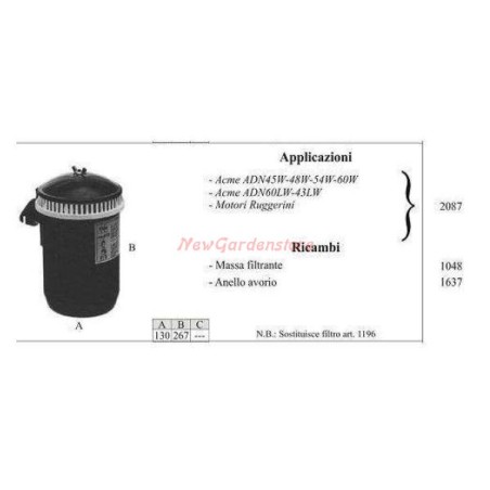 ACME Ölfilter für Gehtraktor ADN45W 48W 54W 2087 | NewgardenParts.com