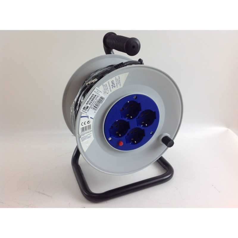Cable reel 25m plug 2-pin+earth 16A 1 schuko socket 2-pin+earth 16A / 4 sockets
