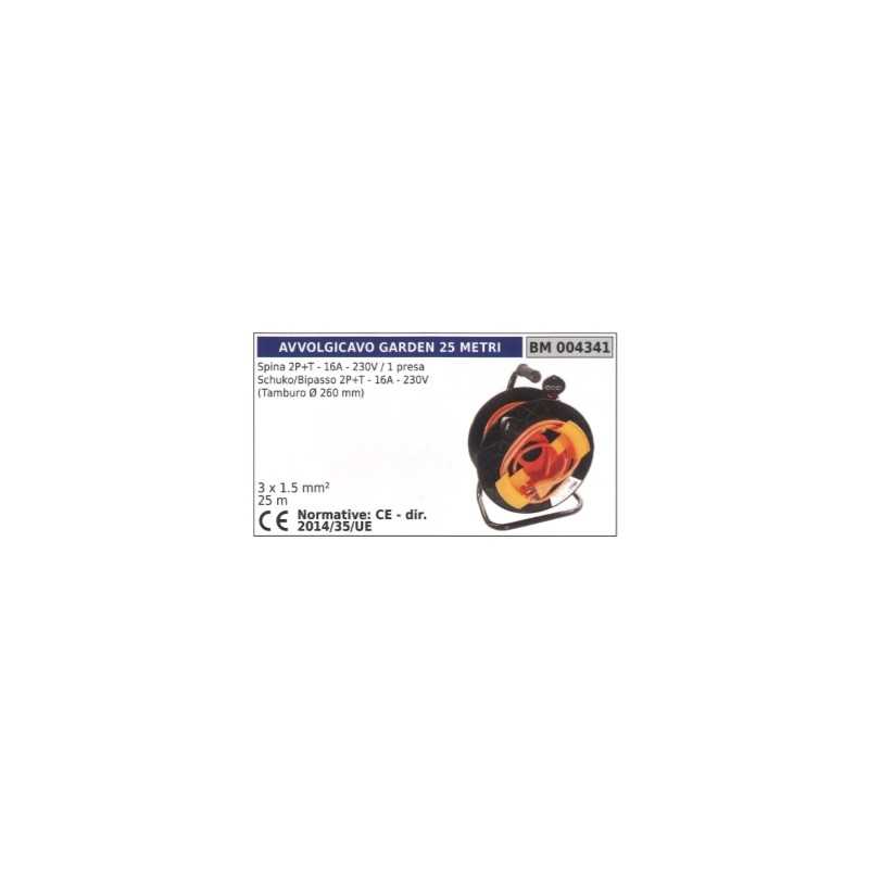 Cable reel 25m plug 2-pin+earth 16A 230V 1 schuko socket 2-pin+earth
