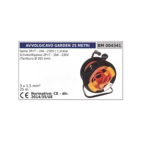 Cable reel 25m plug 2-pin+earth 16A 230V 1 schuko socket 2-pin+earth | NewgardenParts.com