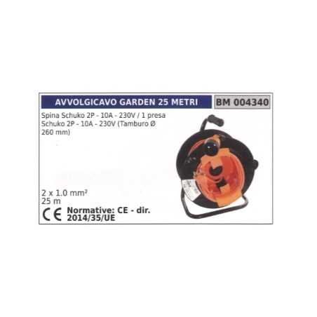 Cable reel 25m schuko plug 2 poles 10A 230V / 1 schuko socket 2 poles 10A 230V | NewgardenParts.com