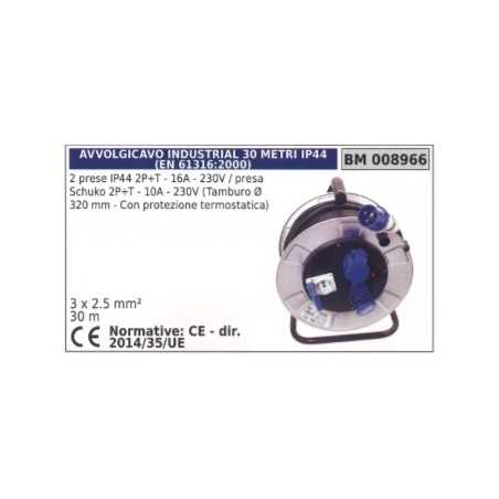 Cable reel 30m 2 IP44 sockets 2-pin+earth 16A 230V schuko socket 2-pin+earth 10A | NewgardenParts.com