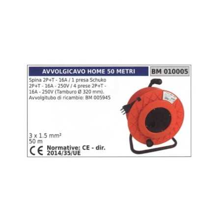 Cable reel 50m plug 2-pin+earth 16A 1 schuko socket 2-pin+earth 16A 250V | NewgardenParts.com