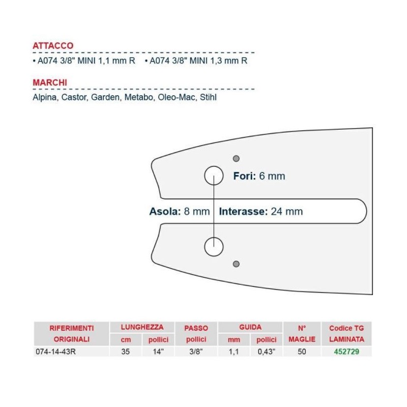 Barra motosega da legna lunghezza 35 cm per catena maglie 50 452729