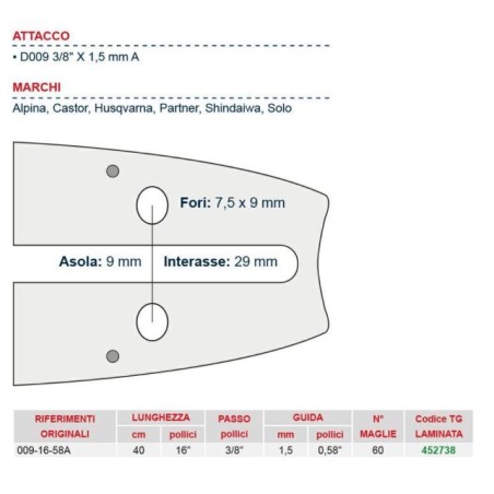 Barra motosega da legna lunghezza 40 cm per catena maglie 60 452738 | NewgardenParts.com