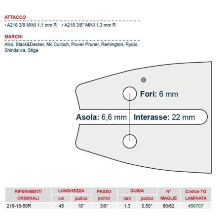 Barra motosega da legna lunghezza 45 cm per catena maglie 60/62 450707 | NewgardenParts.com