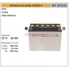 Batteria ad acido 12N18-3 per MTD STIGA vari marchi 12V 18AH 003105 | NewgardenParts.com