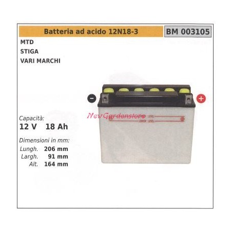 Batteria ad acido 12N18-3 per MTD STIGA vari marchi 12V 18AH 003105 | NewgardenParts.com