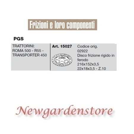 Clutch disc 15027 PGS lawn tractor ROMA 3500 R55 TRANSPORTER 450 22x18x3.5 Z10 | NewgardenParts.com