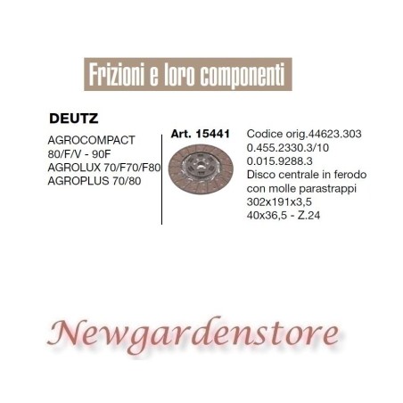 Disco ferodo frizione 15441 trattore DEUTZ Agrocompact Agrolux Agroplus 40x36,5 | NewgardenParts.com