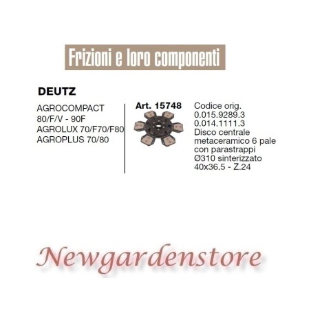 Disco ferodo frizione 15748 trattore DEUTZ Agrocompact 80 Agrolux Agroplus 41x36 | NewgardenParts.com