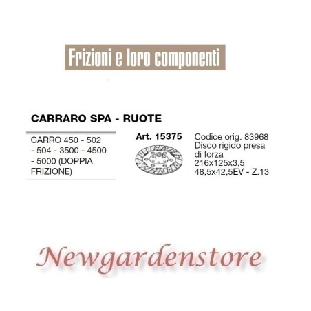 Disco frizione 15375 trattore CARRARO Carro 450 502 504 3500 4500 5000 48,5x42,5 | NewgardenParts.com