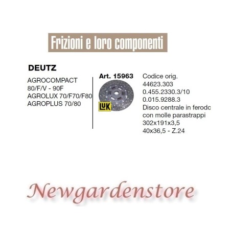 Disco frizione 15963 trattore DEUTZ 40x36,5 Agrocompact 80 Agrolux 70 Agroplus | NewgardenParts.com