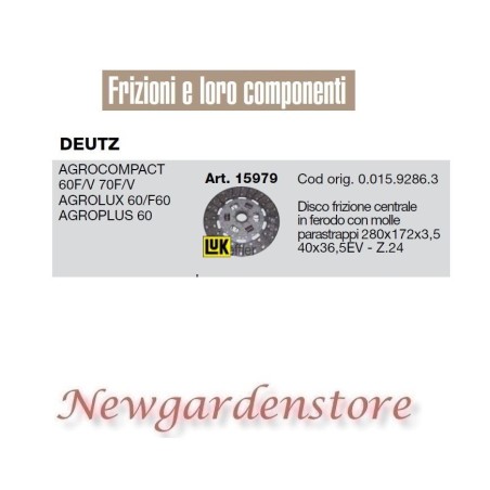 Disco frizione 15979 trattore DEUTZ Agrocompact 60 70 F V Agrolux Agroplus Z24 | NewgardenParts.com