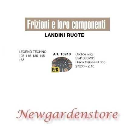Disco embrague tractor 350mm 27x30 Z16 15910 RUEDAS LANDINI LEGEND TOP 105 165 | NewgardenParts.com