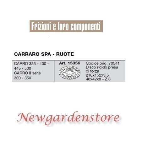 Disco presa di forza 15356 trattore CARRARO SPA RUOTE Carro 335 400 445 500 300 | NewgardenParts.com