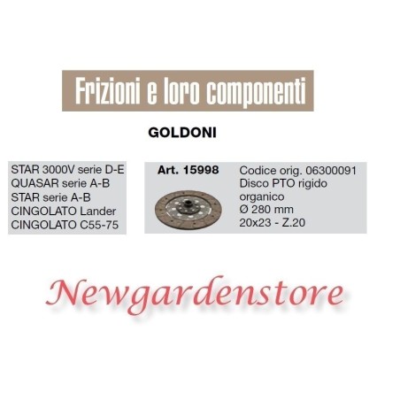 Disco PTO 15998 rigido frizione trattore GOLDONI STAR QUASAR CINGOLATO 20x23 Z20 | NewgardenParts.com