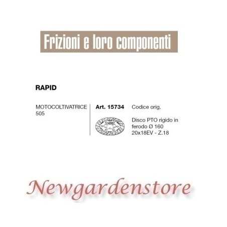 PTO disc ferodo 15734 walking tractor 505 RAPID flat 160mm compatible 20x18 | NewgardenParts.com