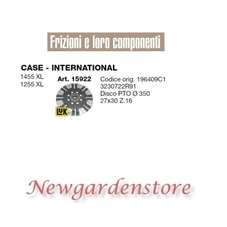 Disco PTO frizione 15922 trattore CASE INTERNATIONAL 1455 1255 XL 350mm 27x30 | NewgardenParts.com