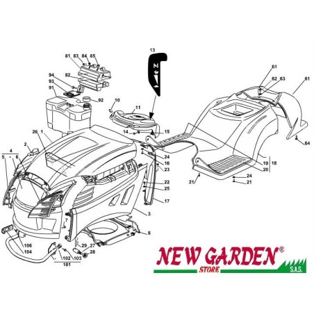 Esploso carrozzeria trattorino rasaerba 98cm XL140 CASTELGARDEN ricambi 2002-13 | NewgardenParts.com