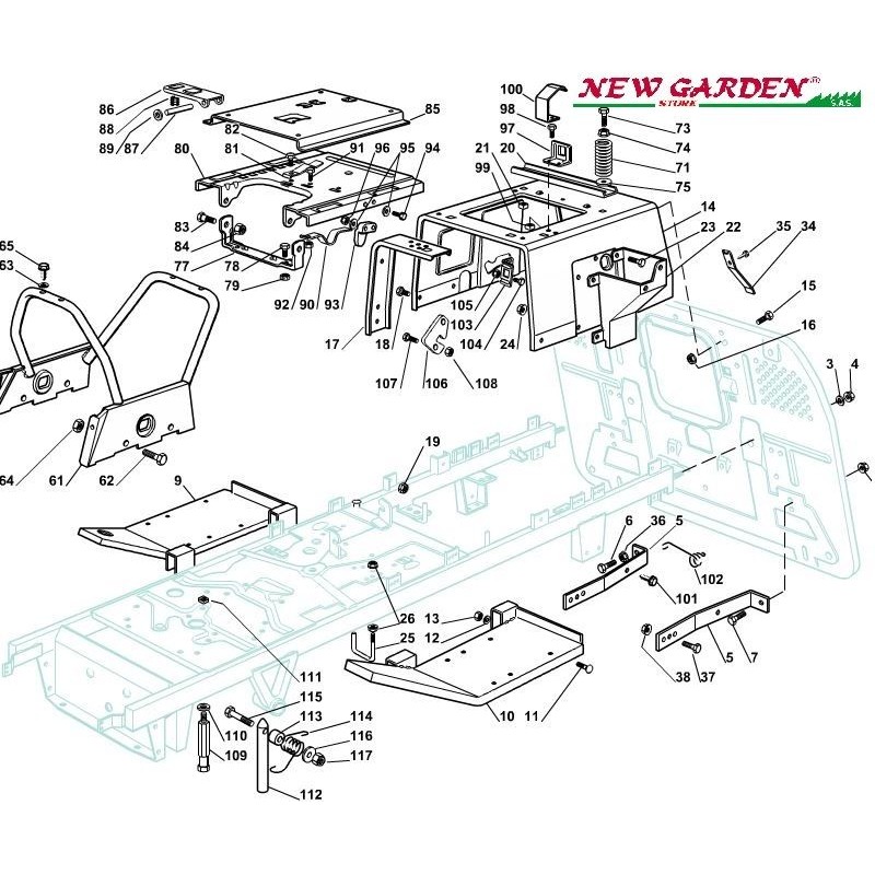 Vue éclatée châssis 102cm XT165HD tracteur de pelouse CASTELGARDEN pièces détachées 2002-13