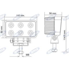 Faro lavoro 110x60mm 6 LED 10-30V 18W 1080LM cablato 40-60cm macchina agricola | NewgardenParts.com