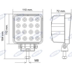 Faro lavoro 16 LED 110x110mm 10-30V 48W 3200LM cablato 40-60cm macchina agricola | NewgardenParts.com