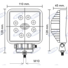 Lampe de travail 8 LED 110x128mm 10-30V 24W 1440LM câblage 40-60cm machine agricole | NewgardenParts.com