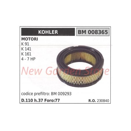 Filtro aria KOHLER trattorino rasaerba K 91 141 161 4 7 HP 008365 | NewgardenParts.com