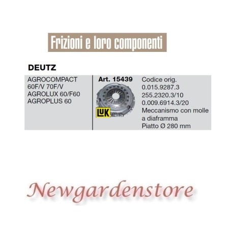 Frizione 15439 trattore DEUTZ Agrocompact 60 70 F V Agrolux Agroplus piatto 280 | NewgardenParts.com