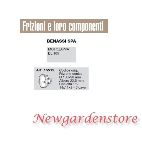 Frizione conica 103x90 22,5 6 cave compatibile motozappa BL105 BENASSI SPA 15519 | NewgardenParts.com