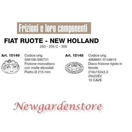 Embrague de disco compatible tractor 250 255C 300 FIAT RUEDAS NEW HOLLAND 15149 | NewgardenParts.com