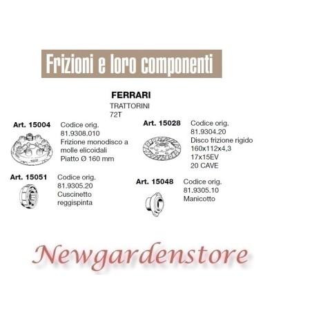 Frizione disco manicotto cuscinetto TRATTORINO 72T FERRARI 15004 15028 15051 | NewgardenParts.com