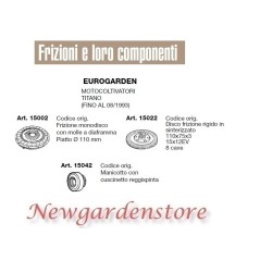 Frizione disco manicotto EUROGARDEN motocoltivatore titano 15002 15022 15042 | NewgardenParts.com