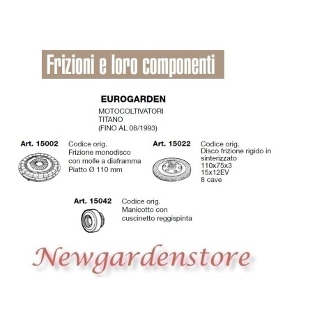 Frizione disco manicotto EUROGARDEN motocoltivatore titano 15002 15022 15042 | NewgardenParts.com