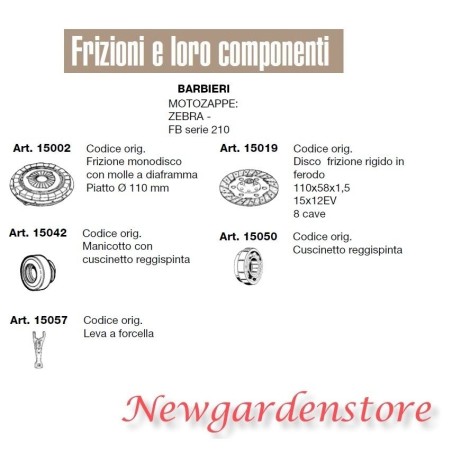 Frizione disco manicotto leva cuscinetto motozappa ZEBRA FB serie 210 BARBIERI | NewgardenParts.com