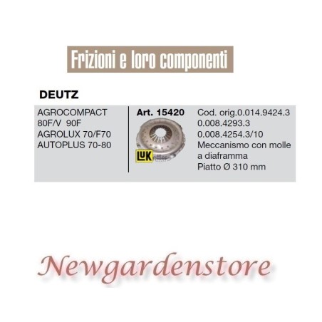 Frizione meccanismo 15420 trattore DEUTZ Agrocompact Agrolux autoplus 80F 310mm | NewgardenParts.com