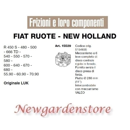 Frizione meccanismo 6 leve piatto 280mm R450 480 500 15529 FIAT NEW HOLLAND LUK | NewgardenParts.com