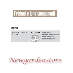 Frizione monodisco 15149 motofalciatrice alltrac compatibile RAPID piatto 215mm | NewgardenParts.com