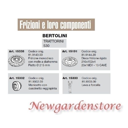 Frizione monodisco disco manicotto leva trattorino 530 BERTOLINI 15338 15332 | NewgardenParts.com