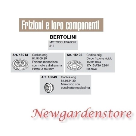 Frizione monodisco disco rigido manicotto motocoltivatore 318 BERTOLINI 15013 | NewgardenParts.com