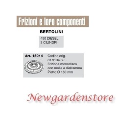 Frizione monodisco piatto 180 motore 450 diesel 3 cilindri BERTOLINI 15014 | NewgardenParts.com