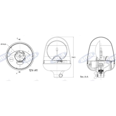 Girofaro serie ONE 12V attacco a imbuto 196,5x146mm macchina agricola semovente