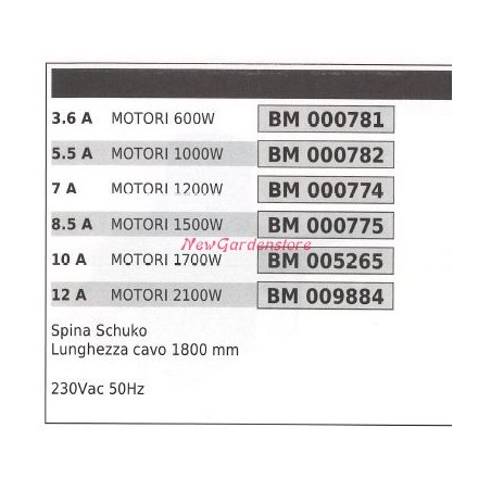 Interruttore rasaerba elettrico motore 1000w cavo 1800 mm 000782