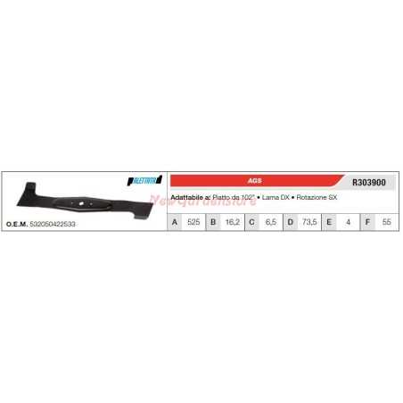 Lame AGS pour tracteur de pelouse tondeuse lame Rx R303900 | NewgardenParts.com