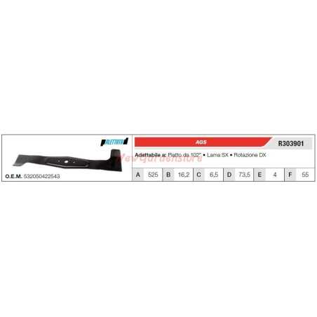Lame AGS pour tracteur de pelouse tondeuse lame gauche R303901 | NewgardenParts.com
