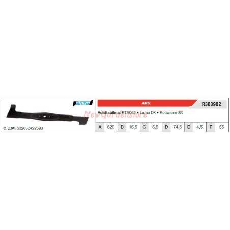 Lame AGS pour tracteur de pelouse tondeuse RTR602 lame droite R303902 | NewgardenParts.com