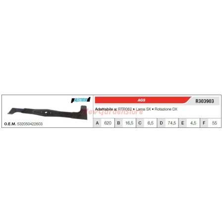 Lame AGS pour tracteur de pelouse tondeuse RTR602 lame gauche R303903 | NewgardenParts.com