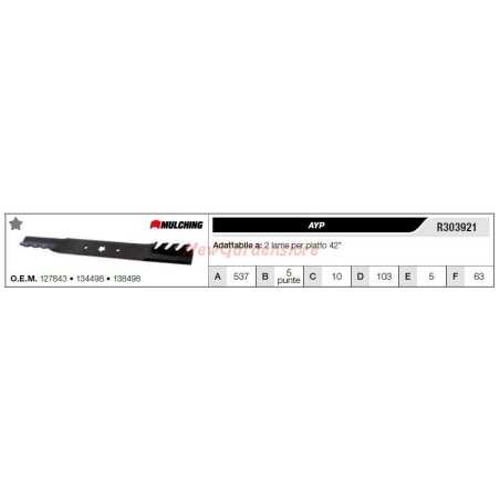 Cuchilla AYP para tractor cortacésped 2 cuchillas plana 42" R303921 | NewgardenParts.com
