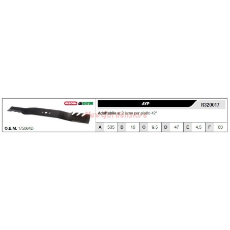 Lama AYP per trattorino tagliaerba rasaerba tosaerba 2 lame piatto 42" R320017 | NewgardenParts.com